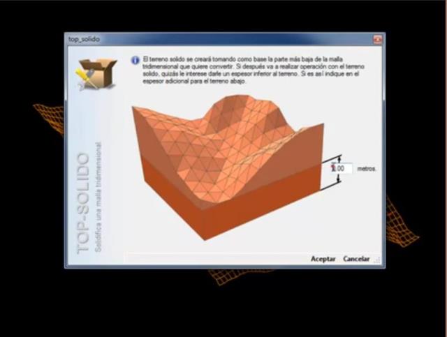 Convierte la malla poligonal 3D de un terreno en un terreno sólido definido por una única entidad de 3D Sólido (ACIS). Después se pueden realizar operación de edición con el terreno generado.
