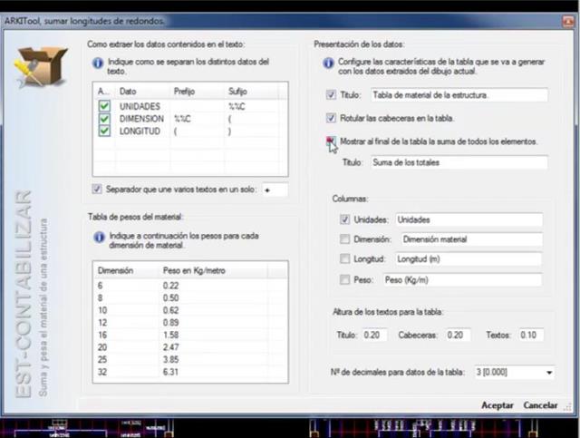 Calcula unidades, longitudes y pesos de material lineal mediante los textos del dibujo que indican las dimensiones de cada material dibujado.