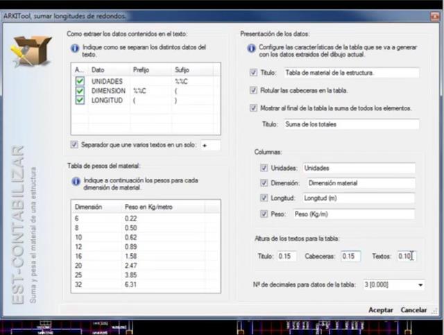 Calcula unidades, longitudes y pesos de material lineal mediante los textos del dibujo que indican las dimensiones de cada material dibujado.