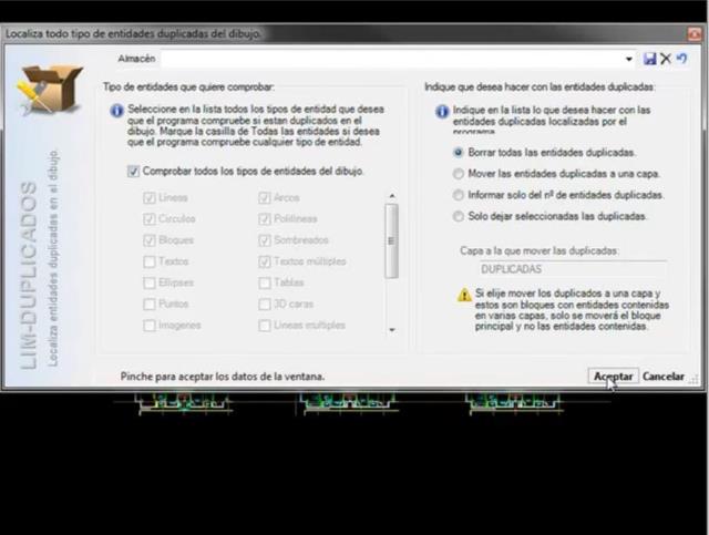 Este comando permite localizar todas las entidades duplicadas del dibujo. Una vez localizadas podemos indicar al programa que las borre, las seleccione, las pase a otra capa o simplemente que nos informe del número de entidades duplicadas que había en el